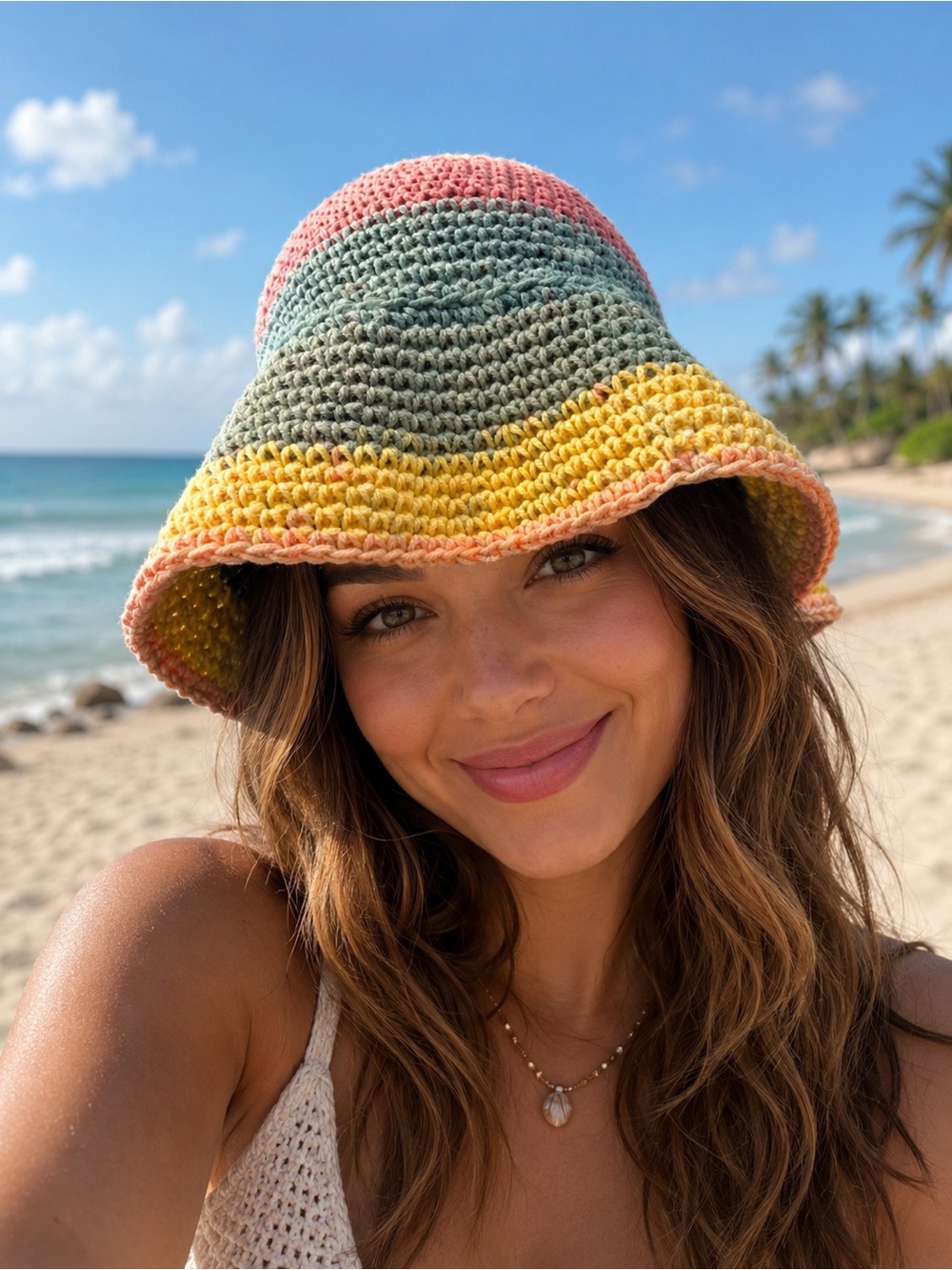 Hand-Crocheted Multicolor Bucket Hat - Pastel Pink, Mint & Yellow - Picture 1 of 5